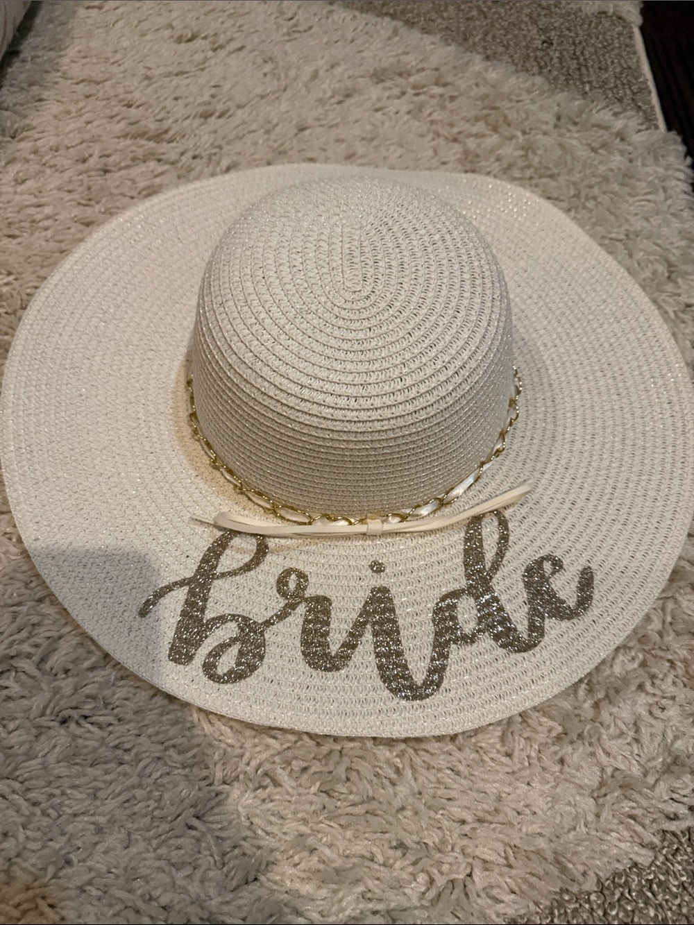 Bride Embellished White Straw Sun Hat with Gold Script
